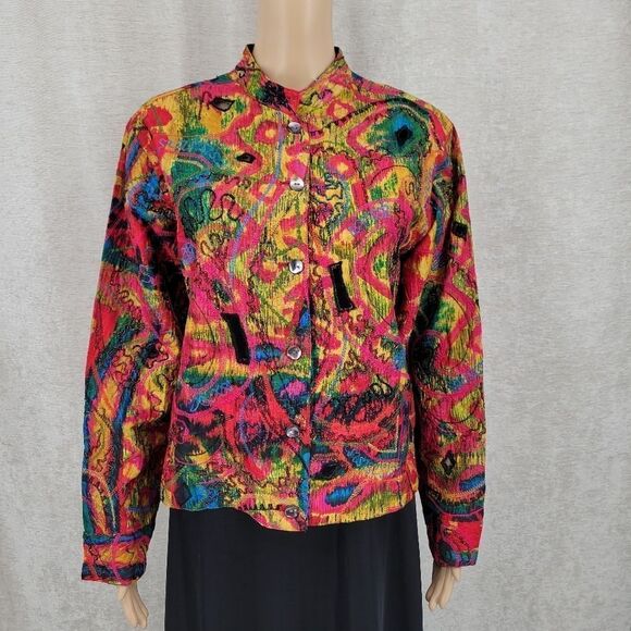 Chico's Colorful Silk Avant Garde Lightweight Jacket Beaded Embroidered Artsy - Picture 1 of 13